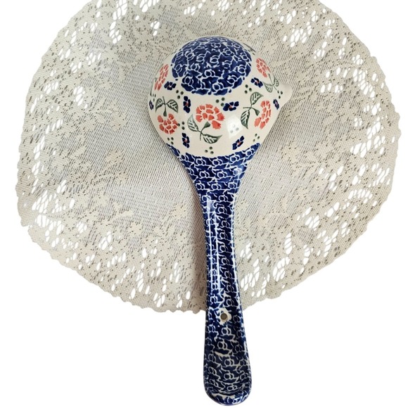 Vtg Polish Pottery Ladle Spoon Blue Floral Design Ceramic Kitchen Hand Painted - Picture 10 of 10